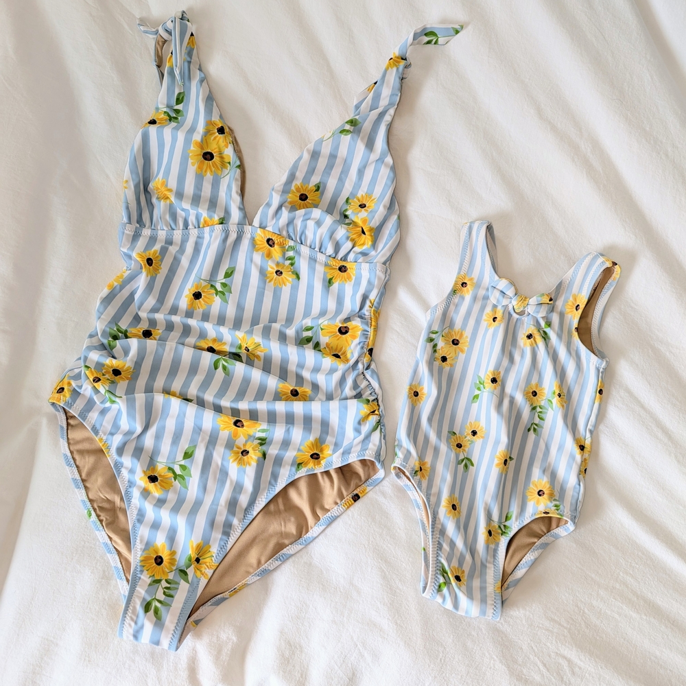 Blue and Yellow Floral Striped Swimsuit Set